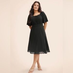 BLOOMCHIC plain lace insert gathered square-neck Black Dress. Super cute! NEW